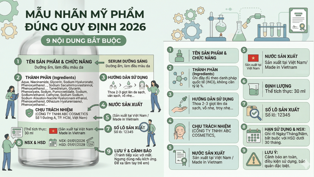 Mẫu nhãn mỹ phẩm đúng quy định 2026 với 9 nội dung bắt buộc