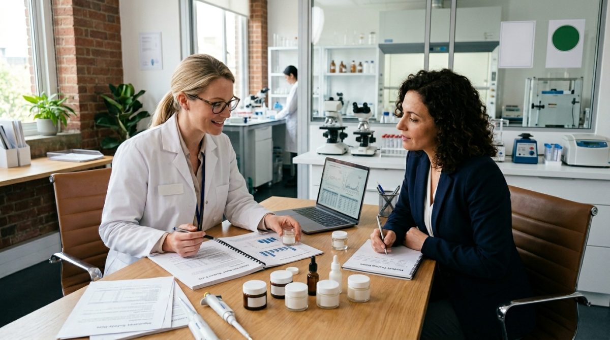 Chi phí kiểm nghiệm mỹ phẩm bao nhiêu? Mức phí tham khảo và các yếu tố ảnh hưởng 4 Consultant reviewing skincare 202604271139