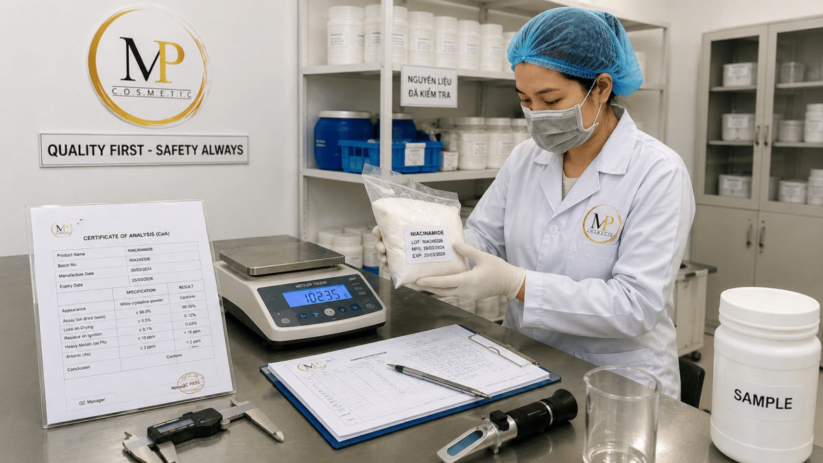 QC mỹ phẩm gồm những gì? 4 chốt kiểm soát chất lượng tại nhà máy 2 Ảnh thực tế tại MP — nhân viên QC đang kiểm tra nguyên liệu nhập kho, có CoA trên bàn, cân điện tử, dụng cụ đo