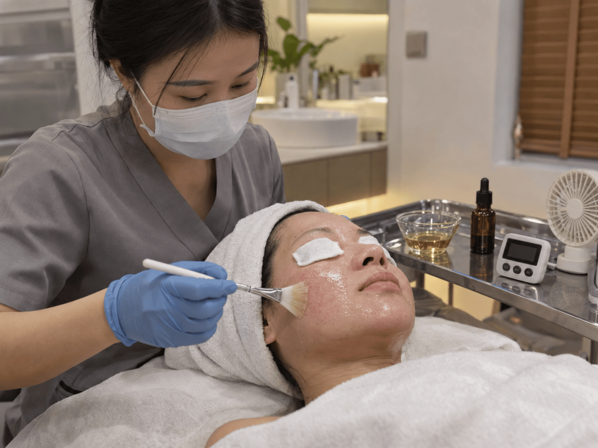 Gia công peel da sinh học 4 Chuyên viên spa quét peel da sinh học bằng cọ quạt trong liệu trình tái tạo da