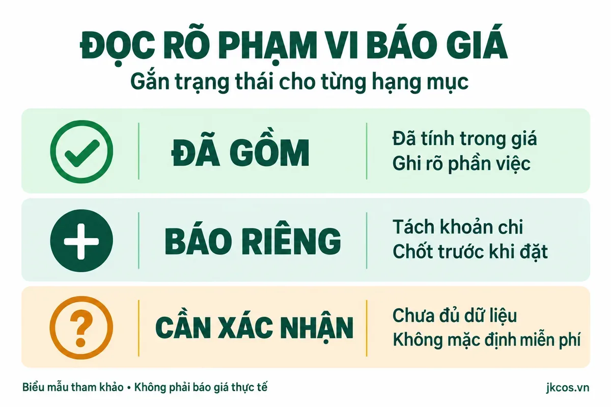 Ba trạng thái trong báo giá: đã gồm, báo riêng và cần xác nhận