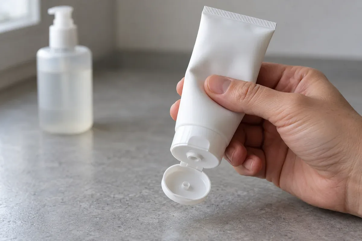 Bàn tay cầm tuýp mỹ phẩm đang mở nắp bật, phía sau là chai vòi bơm